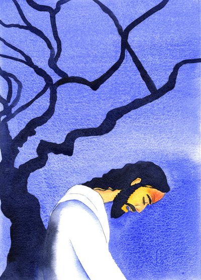 Christus bad in doodsangst tot Zijn Vader, in Gethsemane, bloed zwetend, denkend aan de verschrikkingen die voor Hem lagen door Elizabeth Wang