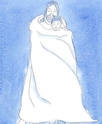 Christus staat bij ons in de Heilige Communie, ons in Zijn mantel wikkelend, zoals een man een vriend in een storm omhult, om zijn vriend dicht bij zich te houden en hem bescherming, warmte en troost te geven door Elizabeth Wang