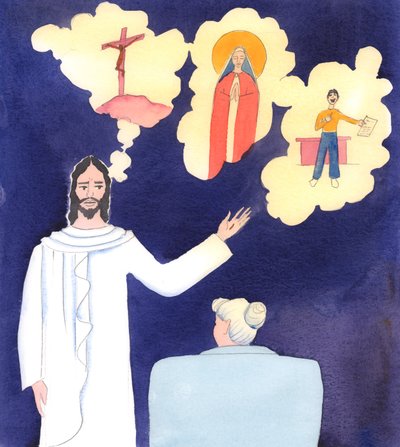 Christus vertelde me hoe weinig het kruis tegenwoordig wordt genoemd door predikers en leraren: het kruis waaraan Hij leed vanwege de smartelijke zonden wordt niet meer genoemd, 2005 (aquarel op papier) door Elizabeth Wang