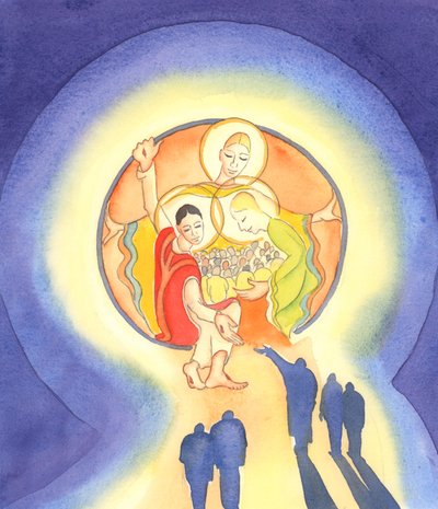 Christus verwelkomt de berouwvolle en gewillige ziel in het hart van de Heilige Drie-eenheid. "Degenen die in Hem schuilen zullen niet veroordeeld worden" (Ps 33). door Elizabeth Wang