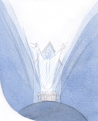 Hier, tijdens de Mis, is Christus Echt Aanwezig met ons, op Aarde, biddend tot de Vader, met ons om Hem heen verzameld door Elizabeth Wang