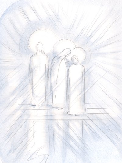 Ik zag Jezus duidelijk, Zijn Heilige Moeder aan Zijn zijde, en Sint Jozef naast Haar. Christus geeft hen aan ons als helpers en voorbeelden door Elizabeth Wang