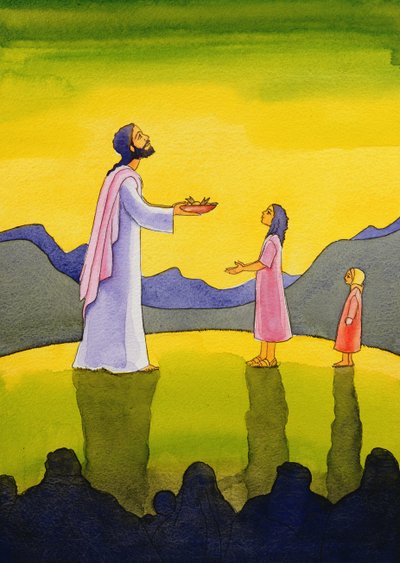 Jezus Christus verricht het wonder van de broden en de vissen door Elizabeth Wang