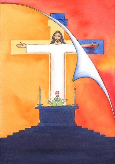 Jezus is bij ons tijdens de Mis, biddend tot de Vader namens ons, om hulp in onze behoeften en voor eeuwige redding. We kunnen al onze gebeden verenigen met zijn grote offergebed door Elizabeth Wang