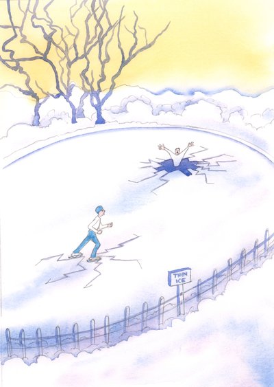 Net zoals iemand die op dun ijs schaatst onvermijdelijk erdoorheen zal vallen, zo riskeren mensen die Gods wetten willens en wetens negeren te vallen en verloren te gaan door Elizabeth Wang