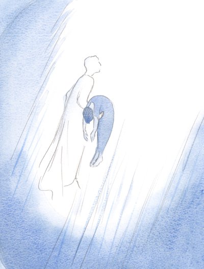 Eens omhelsde Christus snel een overleden ziel na haar zuivering, haar optillend - als een pasgeboren baby net geboren - hoog naar de Hemel door Elizabeth Wang