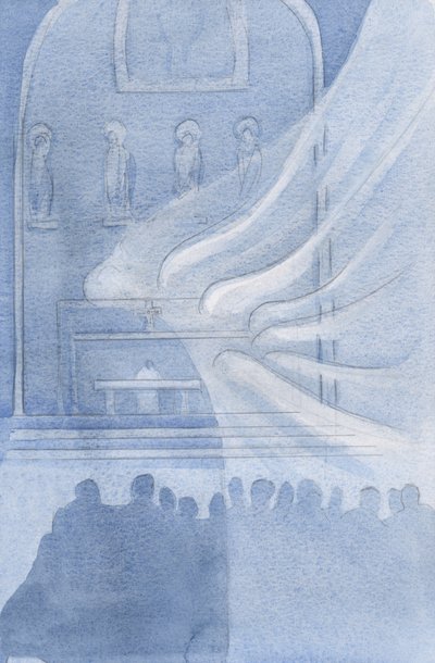 De engelen aanbidden Christus in de Heilige Eucharistie door Elizabeth Wang
