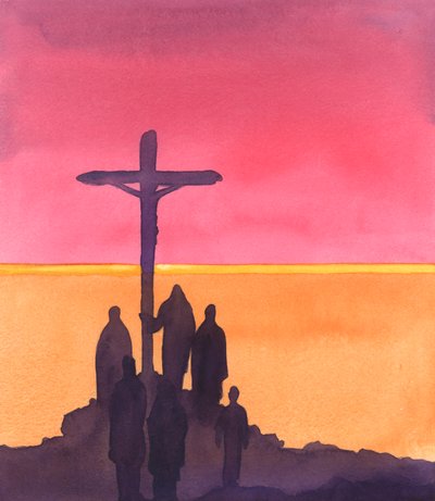 Toen de Levensvorst aan de boom hing en "Vader, vergeef het hun" zei, bleven een paar sympathiserende toeschouwers bij hem, 2005 (aquarel op papier) door Elizabeth Wang