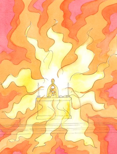 Wanneer het brood en de wijn zijn veranderd in het Heilige Lichaam en Bloed van Christus, is Hij, het Lam van God, onze Verlosser, substantieel Aanwezig: de Verrezen Christus, in het vuur van Zijn Goddelijke Glorie door Elizabeth Wang