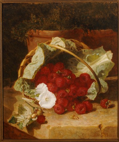 Frambozen in een Met Koolblad Beklede Mand met Witte Winde op een Stenen Richel, 1880 door Eloise Harriet Stannard