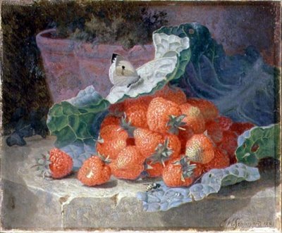 Aardbeien in een Koolblad met een Bloempot erachter door Eloise Harriet Stannard