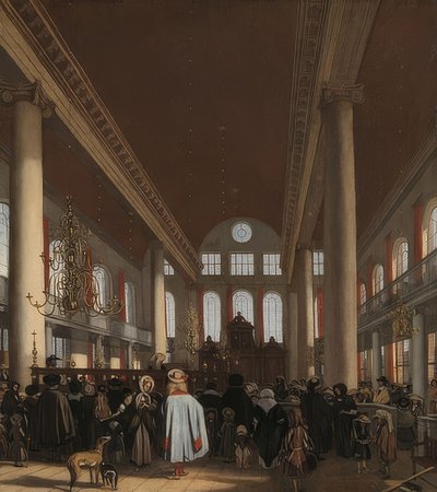 Interieur van de Portugese synagoge in Amsterdam door Emanuel de Witte