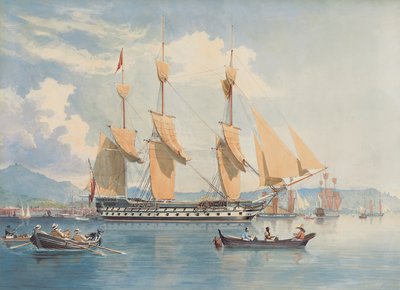 HMS Ganges voor anker en haar zeilen drogend voor Rio de Janeiro door Emeric Essex Vidal