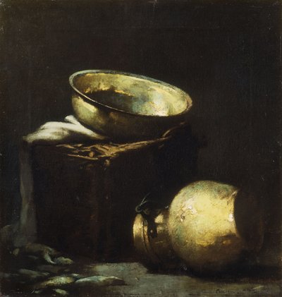 Stilleven met Koperen Potten en Zwarte Vis door Emil Carlsen