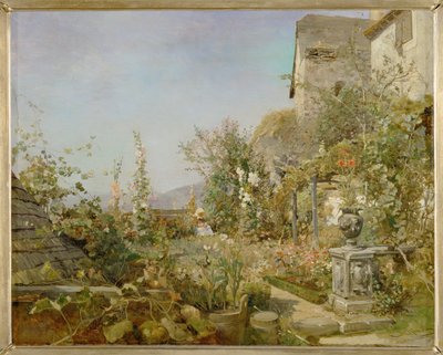 Blumengarten in Weissenkirchen - Tuin met bloemen in Weissenkirchen ... (olieverf op hout) door Emil Jakob Schindler