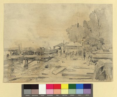 Dampfschiffstation an der Donau bei Kaisermühlen door Emil Jakob Schindler