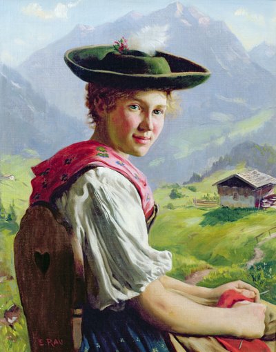 Meisje met een hoed in berglandschap door Emil Karl Rau