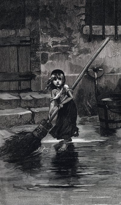 Scène uit Les Miserables, door Victor Hugo: Cosette aan het vegen (gravure) door Emile Antoine (after) Bayard