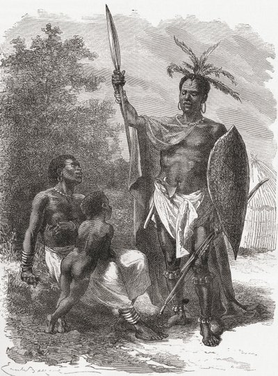 Een inboorling van Ougogo, Centraal-Afrika, in oorlogskleding, illustratie uit 