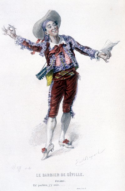Volledig werk van Beaumarchais (1732-1799) door Edouard Fournier. Tekening door Emile Bayard. Ed. Laplace, Sanchez et Cie, Parijs 1876. Dit is Figaro in "De barbier van Sevilla" door Emile Antoine Bayard