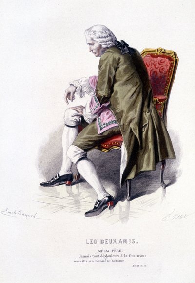 Volledig werk van Beaumarchais (1732-1799) door Edouard Fournier. tekening door Emile Bayard. Ed. Laplace, Sanchez et Cie, Parijs 1876. Dit is Melac Vader in "De Twee Vrienden" door Emile Antoine Bayard