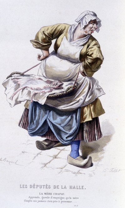 Volledig werk van Beaumarchais (1732-1799) door Edouard Fournier. tekening door Emile Bayard. Ed. Laplace, Sanchez et Cie, Parijs 1876. Dit is Moeder Chaplu in "De Afgevaardigden van de Hal" door Emile Antoine Bayard