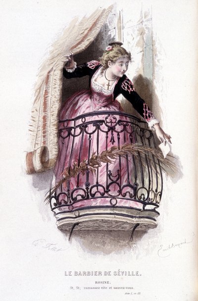 Volledig werk van Beaumarchais (1732-1799) door Edouard Fournier. tekening door Emile Bayard. Ed. Laplace, Sanchez et Cie, Parijs 1876. Dit is Rosine in "De Barbier van Sevilla" door Emile Antoine Bayard