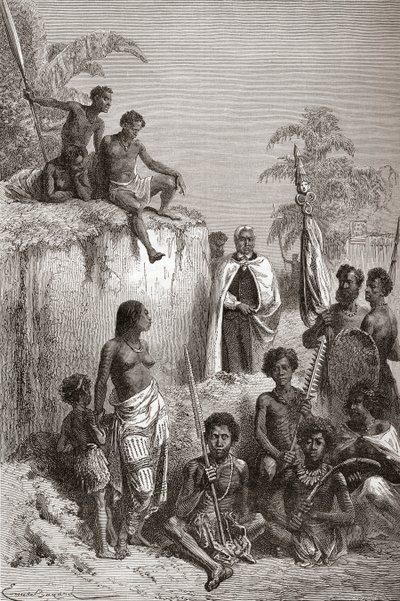 Hawaïaanse koning Kamehameha I en zijn krijgers, illustratie uit 