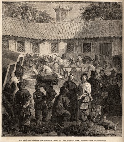 Binnenplaats van een hostel in Chiang Ping Cheou. Tekening door Emile Bayard (1837-1891), ter illustratie van de reis van Shanghai naar Moskou, van 1859 tot 1862, door M. de Bourboulon, Minister van Frankrijk in China. Gravure in "Le tour du monde", uitgeg door Emile Antoine Bayard