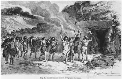 Prehistorische begrafenisritueel, illustratie uit 