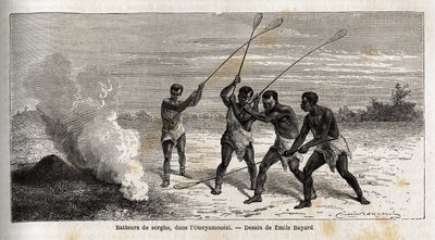 Sorghum drummers, in de ounyamouezi (Grote Meren regio, Afrika), tekening door Emile Bayard (1837-1891), ter illustratie van Kapitein Speke