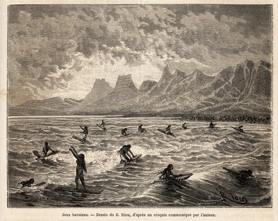 Surfen, de favoriete Hawaiiaanse sport, hier door vrouwen, in balans, staand of zittend, op het bord, op de top van de golven, die hen terug naar het strand brengen, gravure naar de tekening van Emile Bayard, illustrerend de reis naar de Sandwich-eilanden door Emile Antoine Bayard