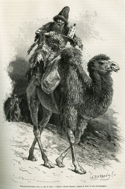 De gids en tolk van de expeditie, Chutun Dzamba, 58 jaar oud, gehurkt op zijn kameel, hij mompelde voortdurend gebeden, tekening door Emile Bayard ter illustratie van de reis naar Mongolië en het land van de Tanguten van 1870 tot 1873, door de luitenant door Emile Antoine Bayard