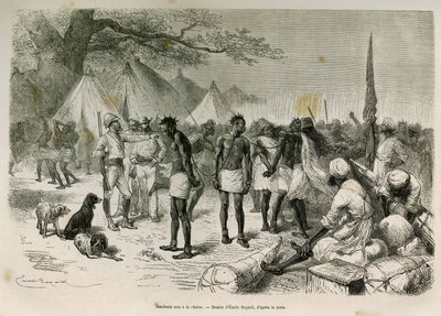 De brutale dragers van de expeditie aan de ketting gelegd, tekening door Emile Bayard, ter illustratie van het verhaal: Door Afrika, van Zanzibar (Tanzania) naar Benguela (Angola), van 1872 tot 1876, door Luitenant V.H.Cameron. Gravure in Le tour du monde door Emile Antoine Bayard