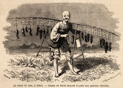 De rattenvanger in Peking. Tekening door Emile Bayard, ter illustratie van de reis van Shanghai naar Moskou, van 1859 tot 1862, door M. de Bourboulon, minister van Frankrijk in China. Gravure in "Le tour du monde", uitgegeven door Edouard Charton door Emile Antoine Bayard