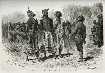 De drie conducteurs (of sovas), prinsen van Dombe (Angola), en hun suite van muzikanten en hovelingen, komen de ontdekkingsreiziger S.Pinto ontmoeten. Gravure door Emile Bayard, ter illustratie van het verhaal hoe ik Afrika heb doorkruist, van de Atlantisc door Emile Antoine Bayard