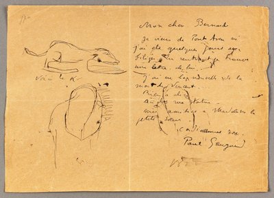 Brief aan Emile Bernard met drie inkttekeningen, waarin het overlijden van "Vincent" wordt vermeld, Tahiti, 1890s door Emile Bernard
