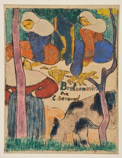 Drei Frauen und eine Kuh auf einer Wiese door Emile Bernard