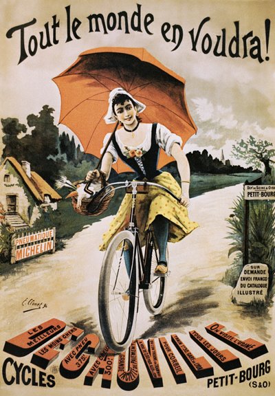 Vintage poster van vrouw die fiets rijdt met rode paraplu door Emile Clouet