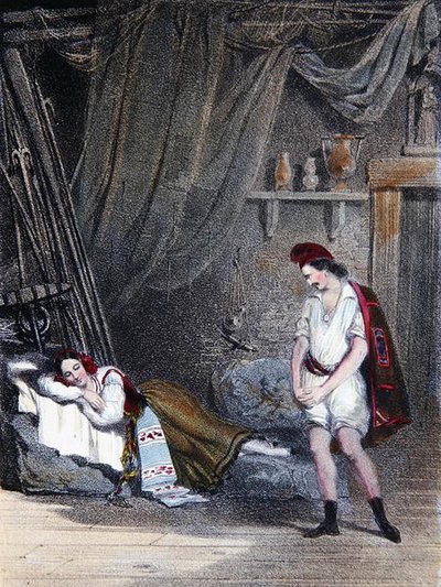 Scène die het stomme meisje Fenella slapend in een hut met haar broer Masaniello uitbeeldt: act IV uit de opera 