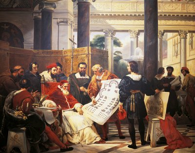 Paus Julius II beveelt Bramante, Michelangelo en Raphael om het Vaticaan en de Sint-Pietersbasiliek te bouwen door Emile Jean Horace Vernet
