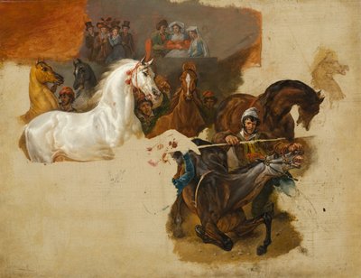Wedstrijd van de ruiterloze paarden door Emile Jean Horace Vernet
