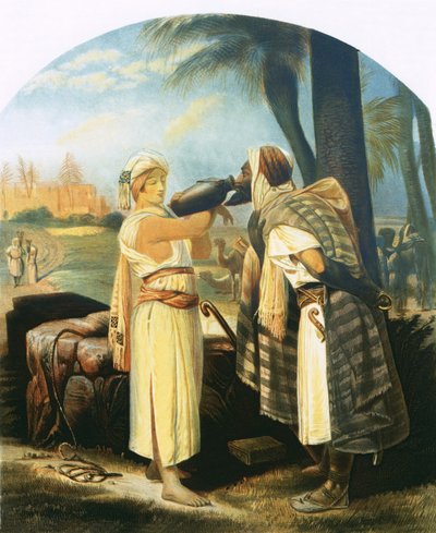 Rebekka geeft de dienaar een drankje door Emile Jean Horace Vernet