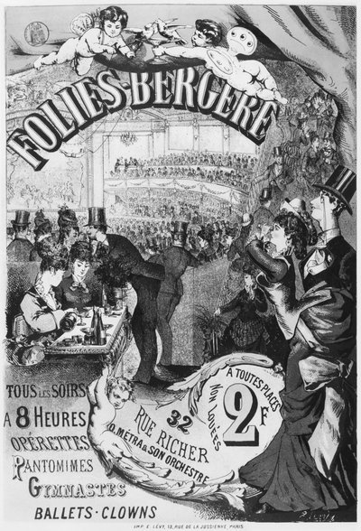 Poster die de Folies Bergere adverteert, rue Richer, Parijs, 1875 door Emile Levy