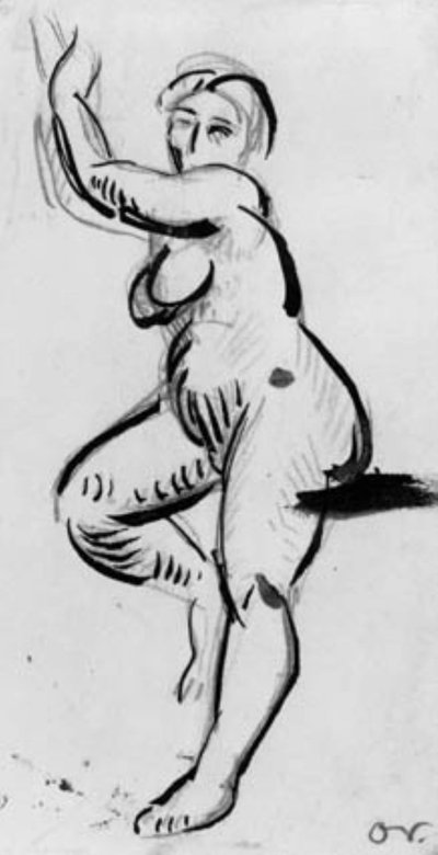 Staand vrouwelijk model naar links met armen boven het hoofd door Emile Othon Friesz