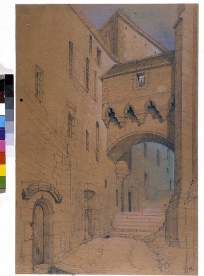 Het begin van de grote graad en de versterkte brug. Mont Saint Michel. Tekening door Emile Sagot. Gemeentemuseum van Avranches (Manche) door Emile Sagot
