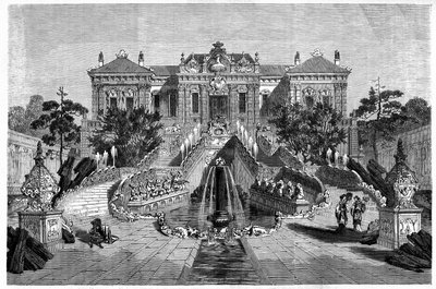 Haiyan Tang Paviljoen heeft westerse architectuur in Ete Paleis in Peking (Beijing). Gravure naar een tekening van Therond, in 
