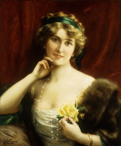 Een elegante dame met een gele roos door Emile Vernon