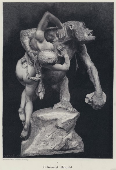 Gorilla ontvoert een vrouw (gravure) door Emmanuel (after) Fremiet