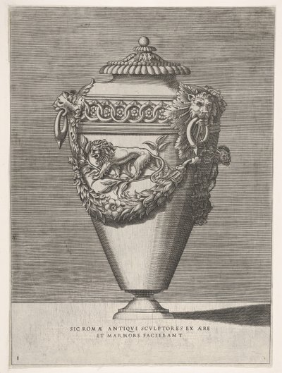 Antieke urn met deksel versierd met een motief van diamanten ringen en leeuwen, uit Vazen ..., 1543 of later door Enea Vico
